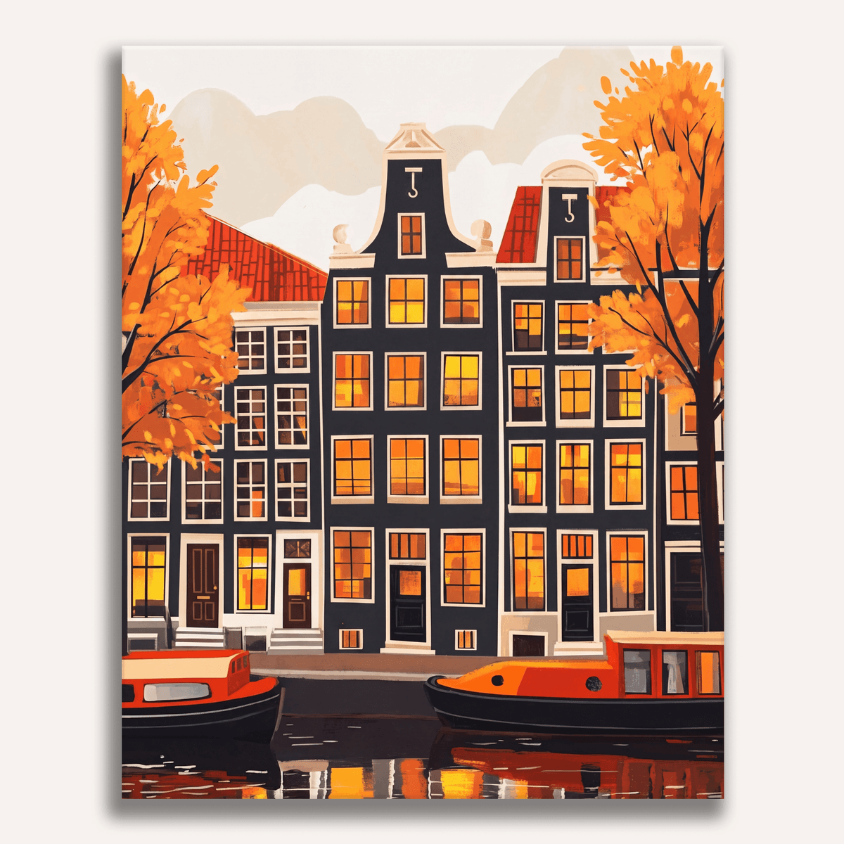Peinture par numéro adulte Maisons d'Amsterdam en Automne, visuel complet du design sur toile, Maison Artsen