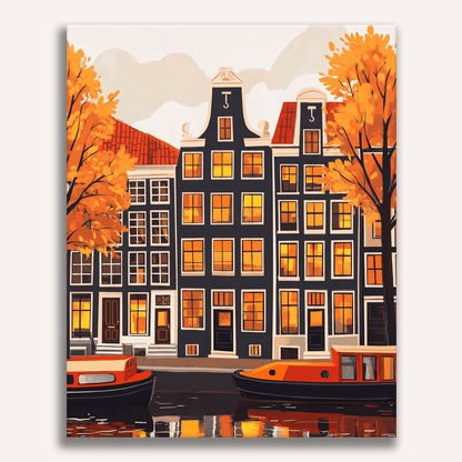 Peinture par numéro adulte Maisons d'Amsterdam en Automne, visuel complet du design sur toile, Maison Artsen