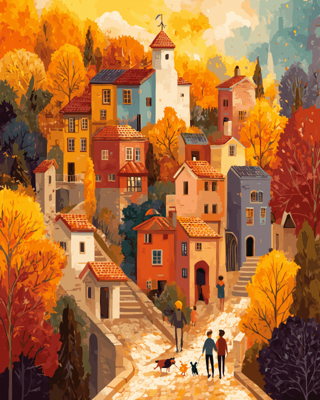 Peinture par numéro Village Doré, a plat — Maison Artsen