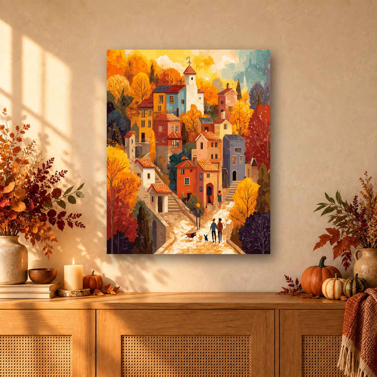 Tableau peinture par numéro Village Doré accroché dans un intérieur décoré, Maison Artsen