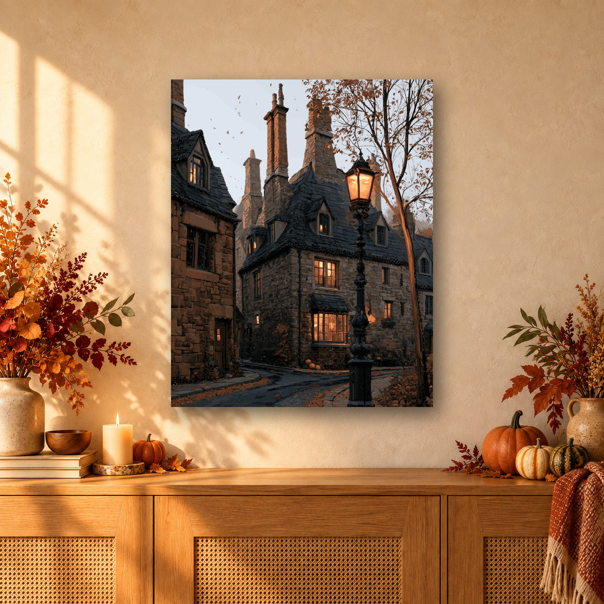 Tableau peinture par numéro Ruelle aux Maisons de Pierre accroché dans un intérieur décoré, Maison Artsen