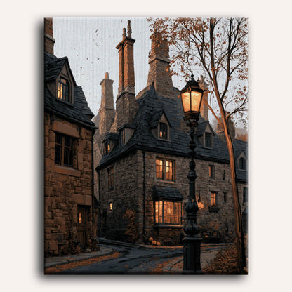 Peinture par numéro adulte Ruelle aux Maisons de Pierre, visuel complet du design sur toile, Maison Artsen