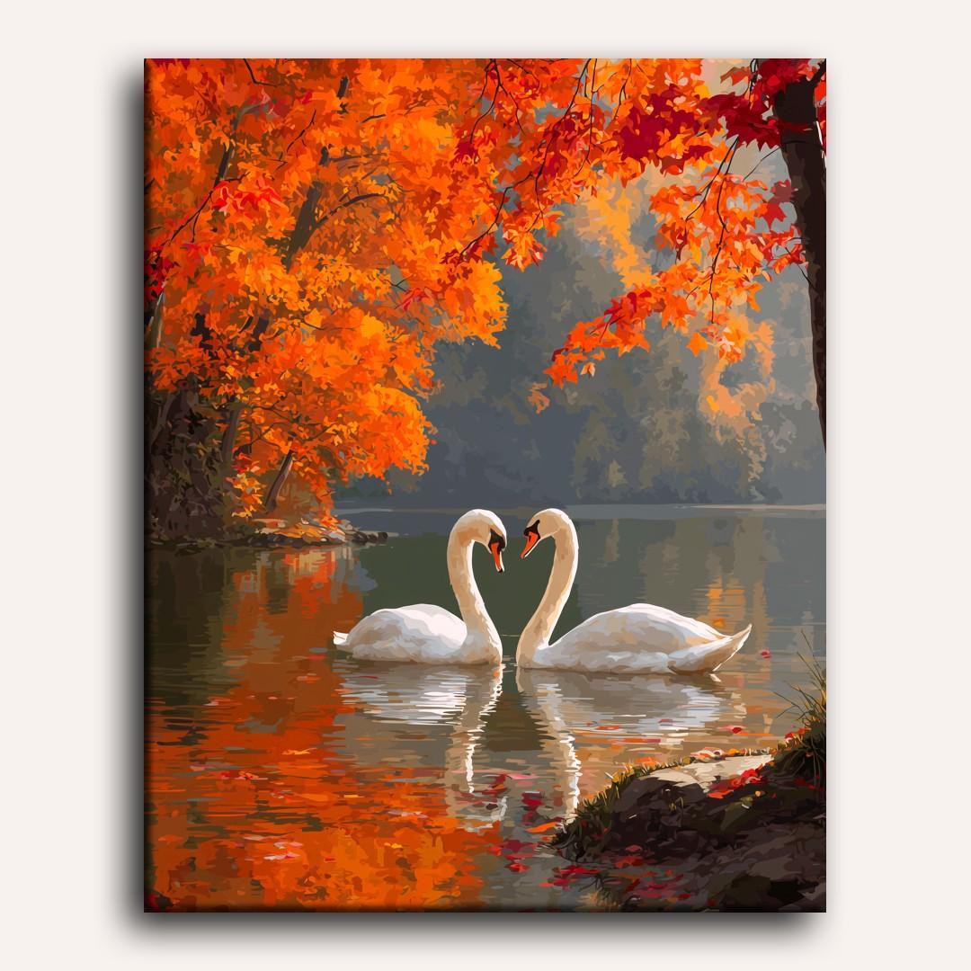 Peinture par numéro adulte Cygnes d'Automne, visuel complet du design sur toile, Maison Artsen