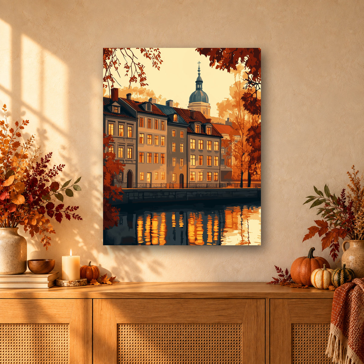 Tableau peinture par numéro Ville au Bord de l'Eau accroché dans un intérieur décoré, Maison Artsen