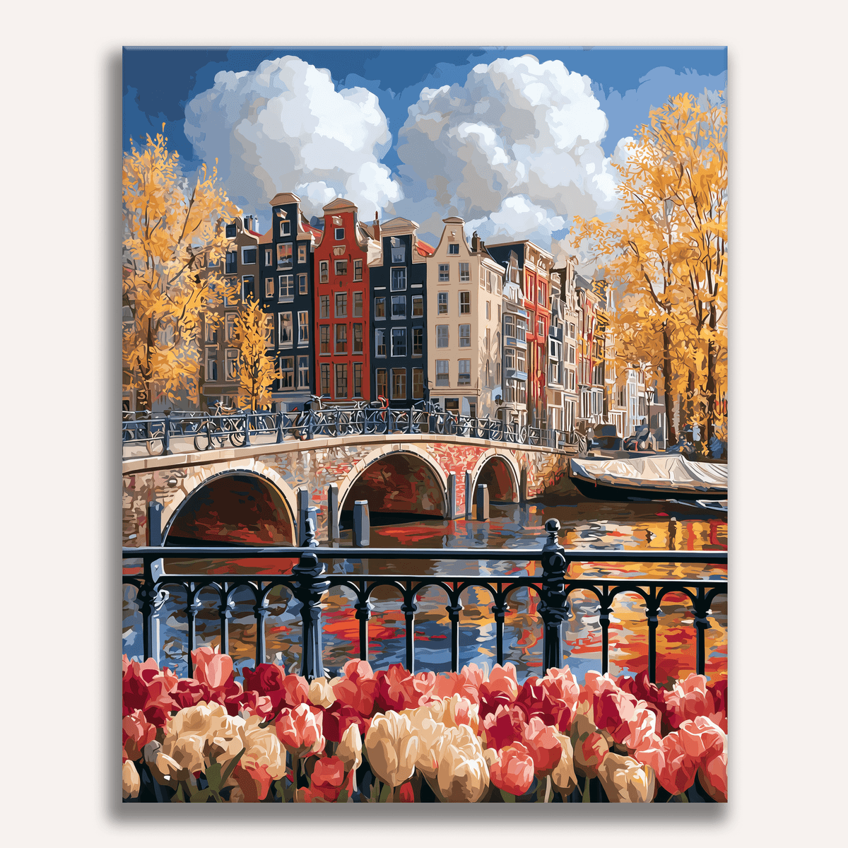 Peinture par numéro adulte Amsterdam en Automne, visuel complet du design sur toile, Maison Artsen