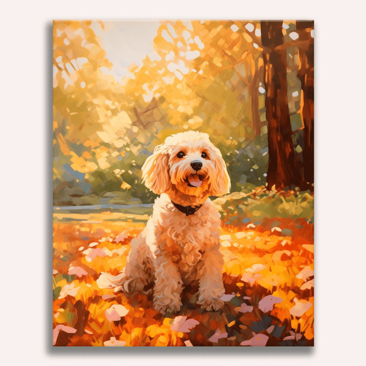 Peinture par numéro adulte Chien Bouclé au Parc, visuel complet du design sur toile, Maison Artsen