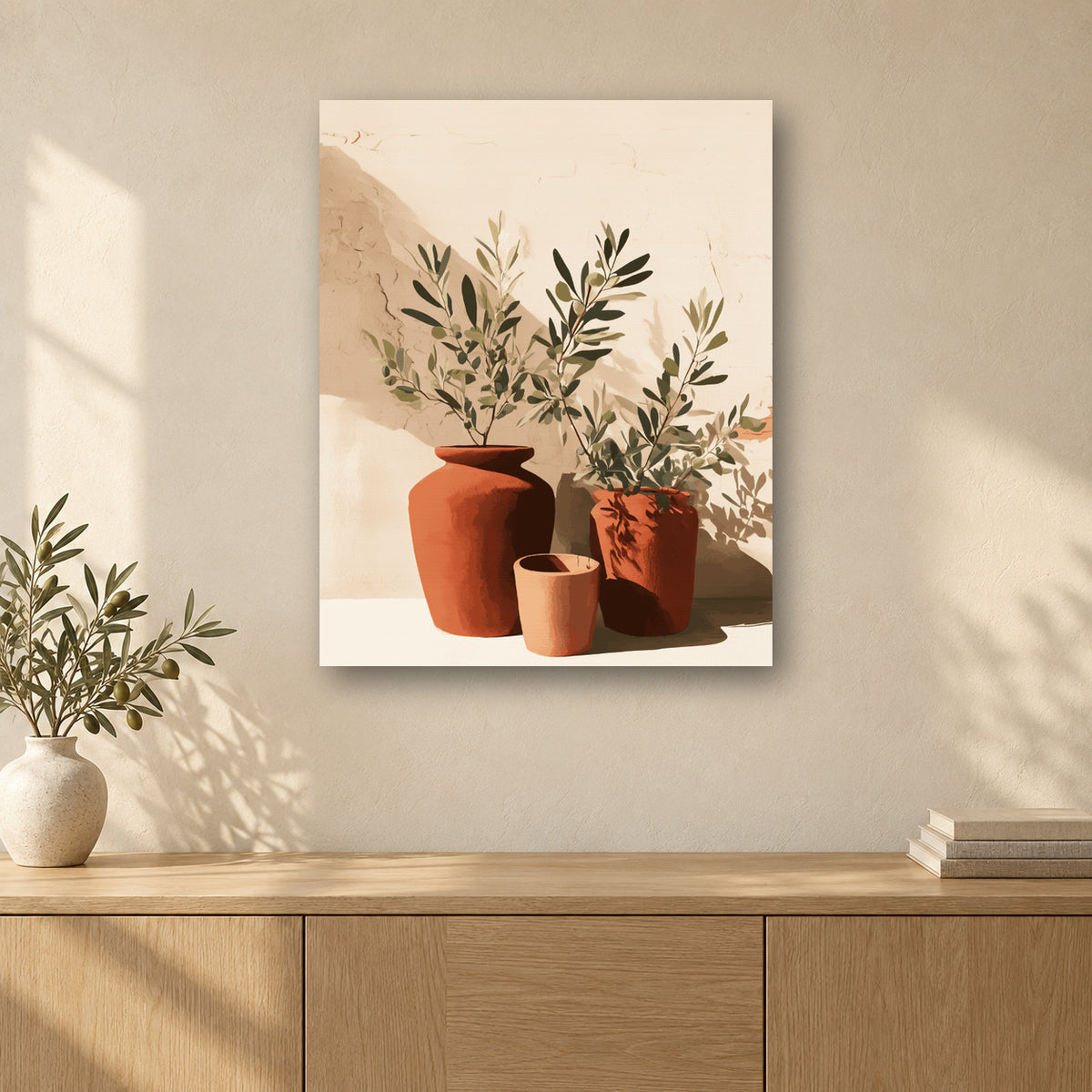 Tableau peinture par numéro Ombres de l’Olivier accroché dans un intérieur décoré, Maison Artsen