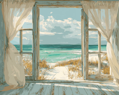 Peinture par numéro adulte Fenêtre sur les Dunes, visuel complet du design sur toile, Maison Artsen