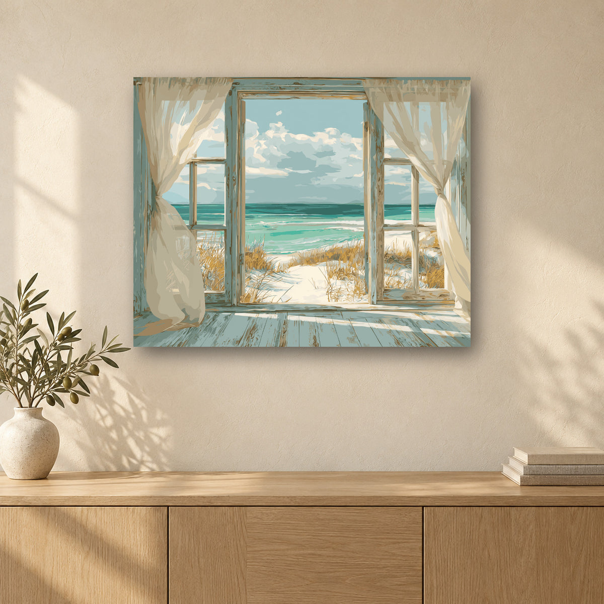 Tableau peinture par numéro Fenêtre sur les Dunes accroché dans un intérieur décoré, Maison Artsen