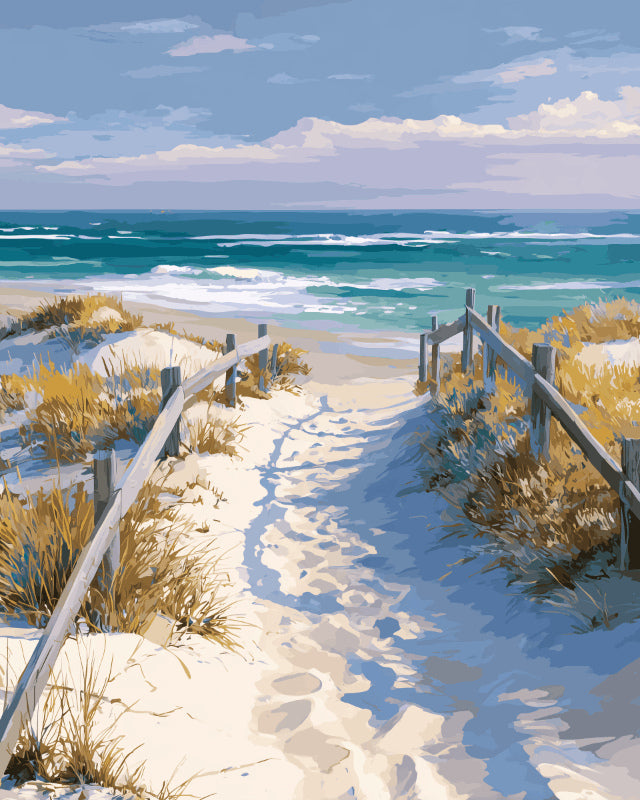 Peinture par numéro adulte Chemin vers la Plage, visuel complet du design sur toile, Maison Artsen