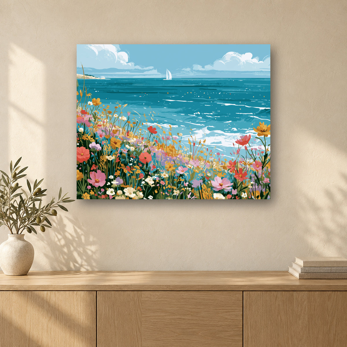 Tableau peinture par numéro Prairie de Fleurs Sauvages accroché dans un intérieur décoré, Maison Artsen