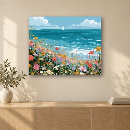 Tableau peinture par numéro Prairie de Fleurs Sauvages accroché dans un intérieur décoré, Maison Artsen