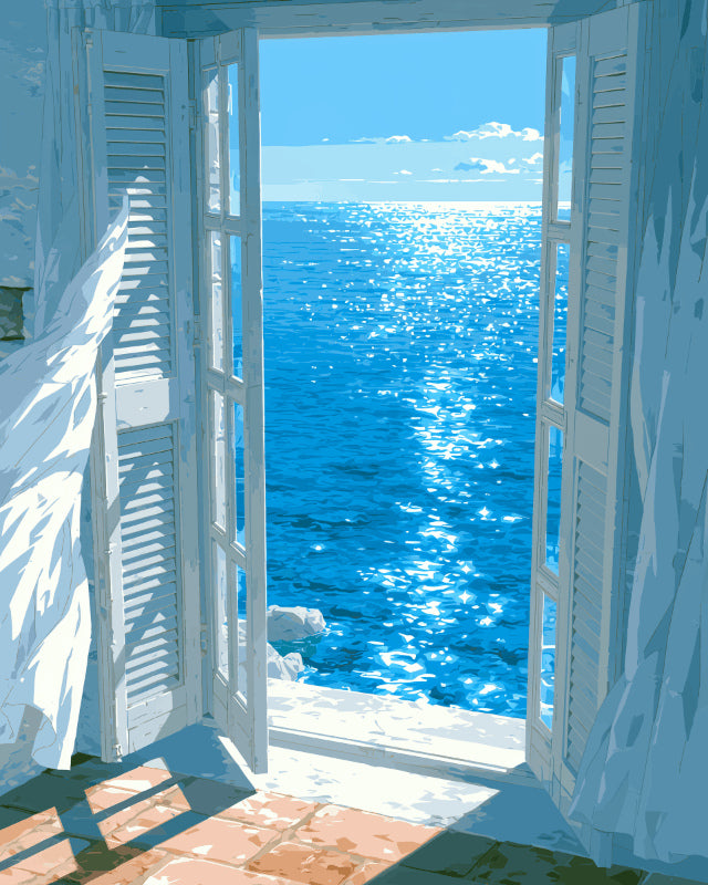 Peinture par numéro adulte Fenêtre sur la Mer, visuel complet du design sur toile, Maison Artsen