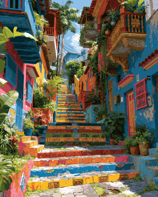 Peinture par numéro adulte Ruelle Colombienne, visuel complet du design sur toile, Maison Artsen