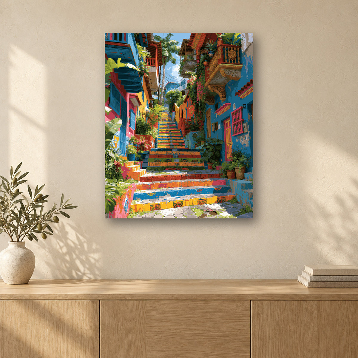 Tableau peinture par numéro Ruelle Colombienne accroché dans un intérieur décoré, Maison Artsen