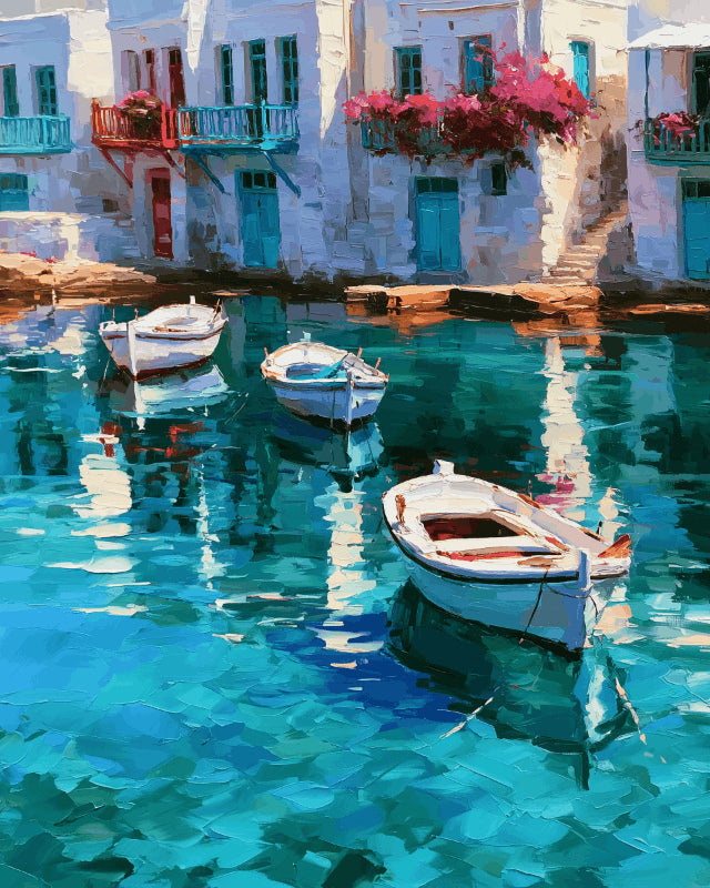 Peinture par numéro adulte Reflets des Cyclades, visuel complet du design sur toile, Maison Artsen