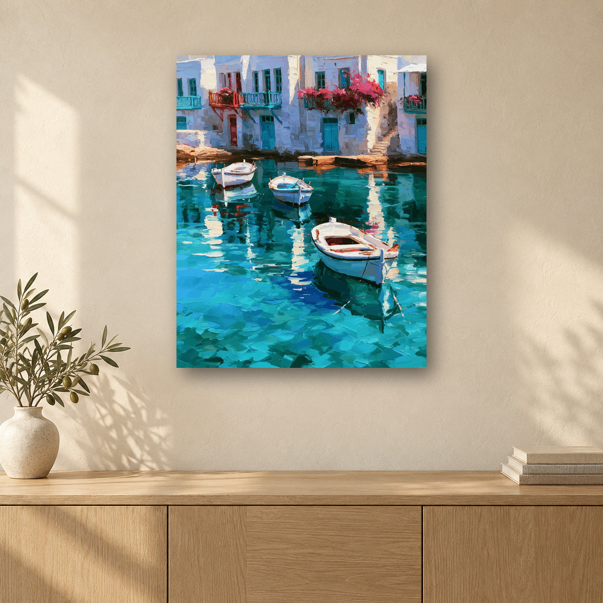 Tableau peinture par numéro Reflets des Cyclades accroché dans un intérieur décoré, Maison Artsen