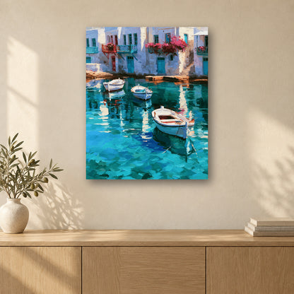 Tableau peinture par numéro Reflets des Cyclades accroché dans un intérieur décoré, Maison Artsen