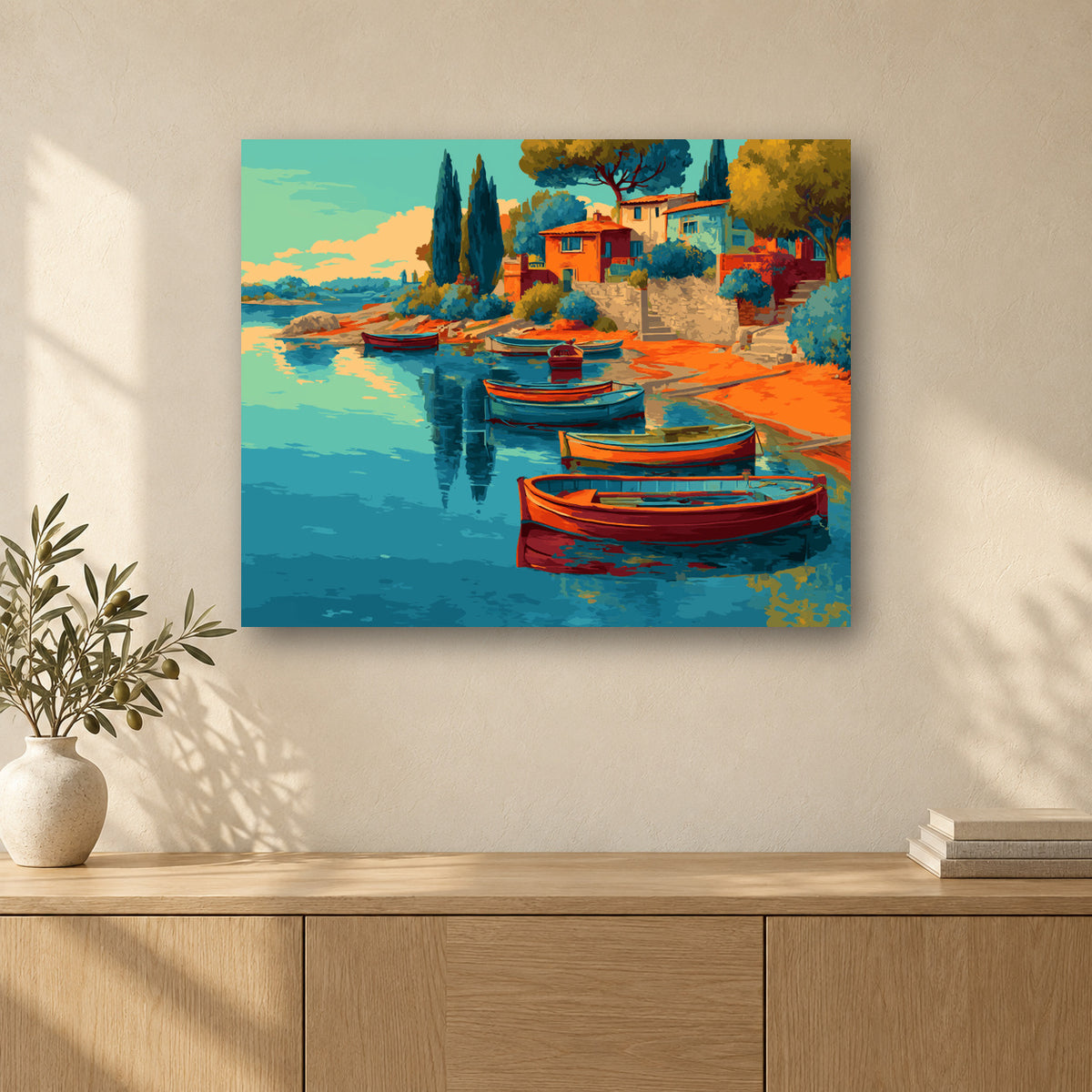 Tableau peinture par numéro Port Méditerranéen accroché dans un intérieur décoré, Maison Artsen