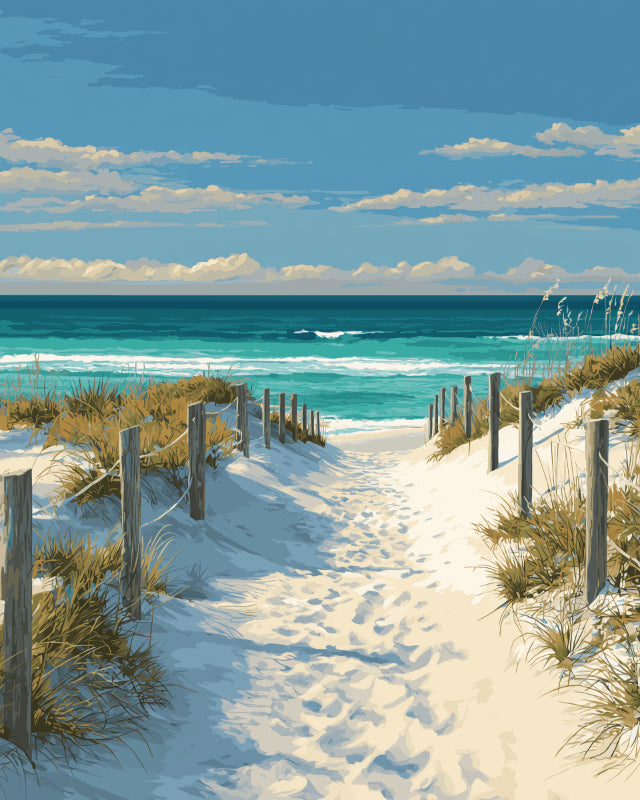 Peinture par numéro adulte Sentier de la Plage, visuel complet du design sur toile, Maison Artsen