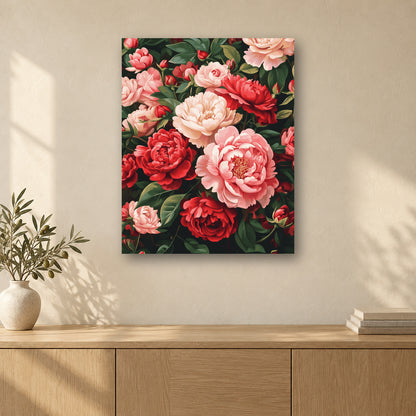 Tableau peinture par numéro Pivoines Rouges et Roses accroché dans un intérieur décoré, Maison Artsen