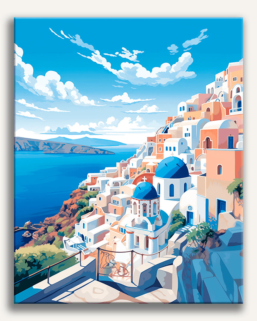 Peinture par numéro adulte Splendeur Égéenne, visuel complet du design sur toile, Maison Artsen