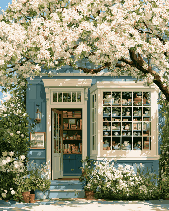 Peinture par numéro adulte Boutique sous les Fleurs, visuel complet du design sur toile, Maison Artsen