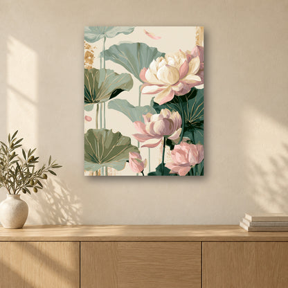 Tableau peinture par numéro Lotus aux Reflets d'Or accroché dans un intérieur décoré, Maison Artsen