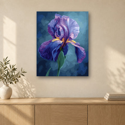 Tableau peinture par numéro Iris Pourpre accroché dans un intérieur décoré, Maison Artsen