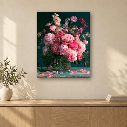Tableau peinture par numéro Pivoines et Pétales Tombés accroché dans un intérieur décoré, Maison Artsen