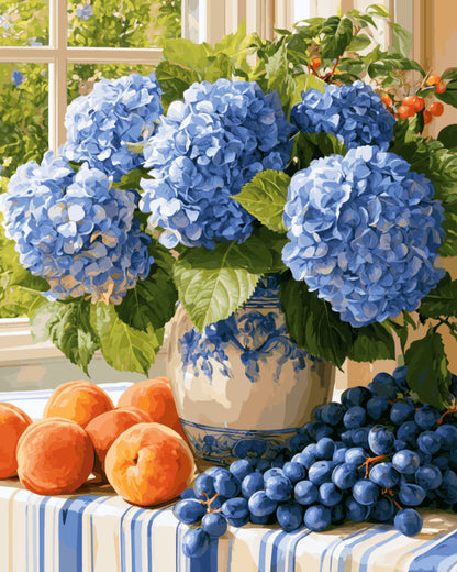 Peinture par numéro adulte Hortensias d’Été, visuel complet du design sur toile, Maison Artsen