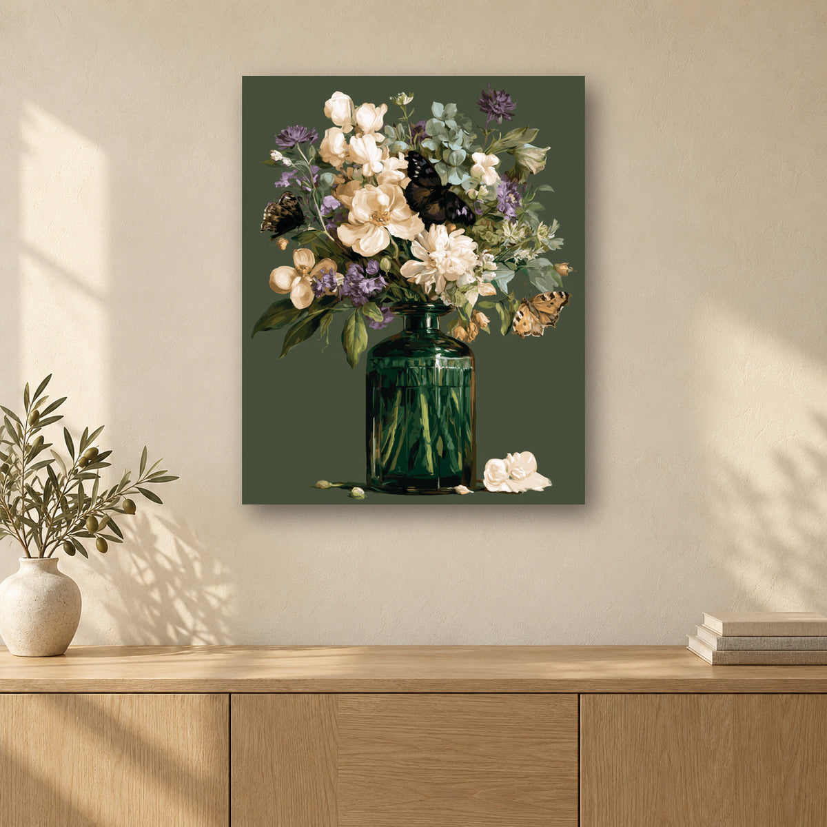 Tableau peinture par numéro Bouquet d’Émeraude accroché dans un intérieur décoré, Maison Artsen