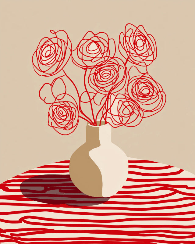 Peinture par numéro adulte Roses au Trait Rouge, visuel complet du design sur toile, Maison Artsen