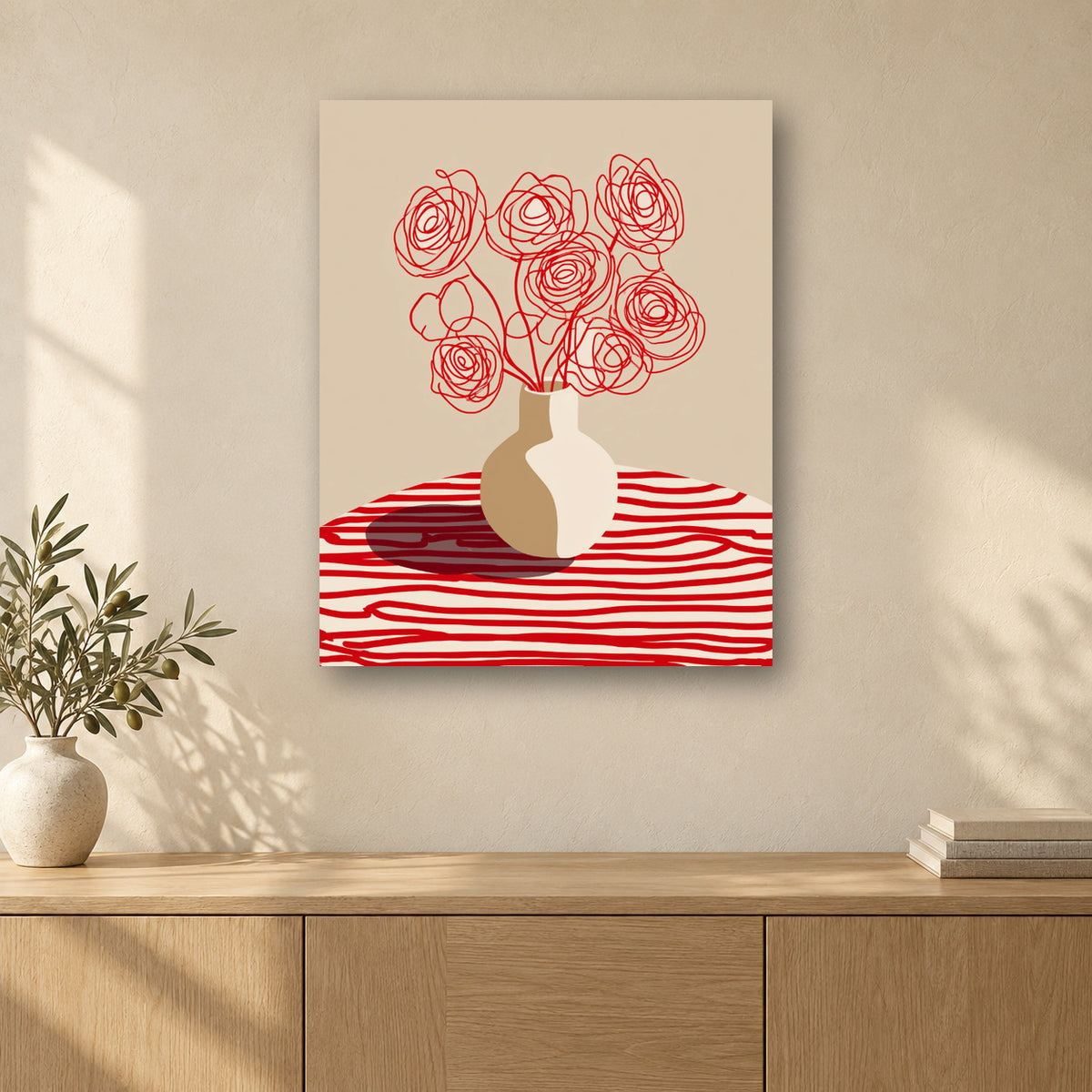Tableau peinture par numéro Roses au Trait Rouge accroché dans un intérieur décoré, Maison Artsen
