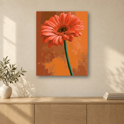 Tableau peinture par numéro Gerbera au Couchant accroché dans un intérieur décoré, Maison Artsen