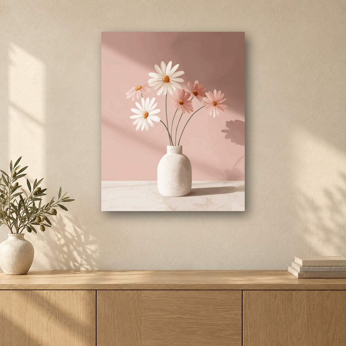 Tableau peinture par numéro Marguerites au Vase Blanc accroché dans un intérieur décoré, Maison Artsen