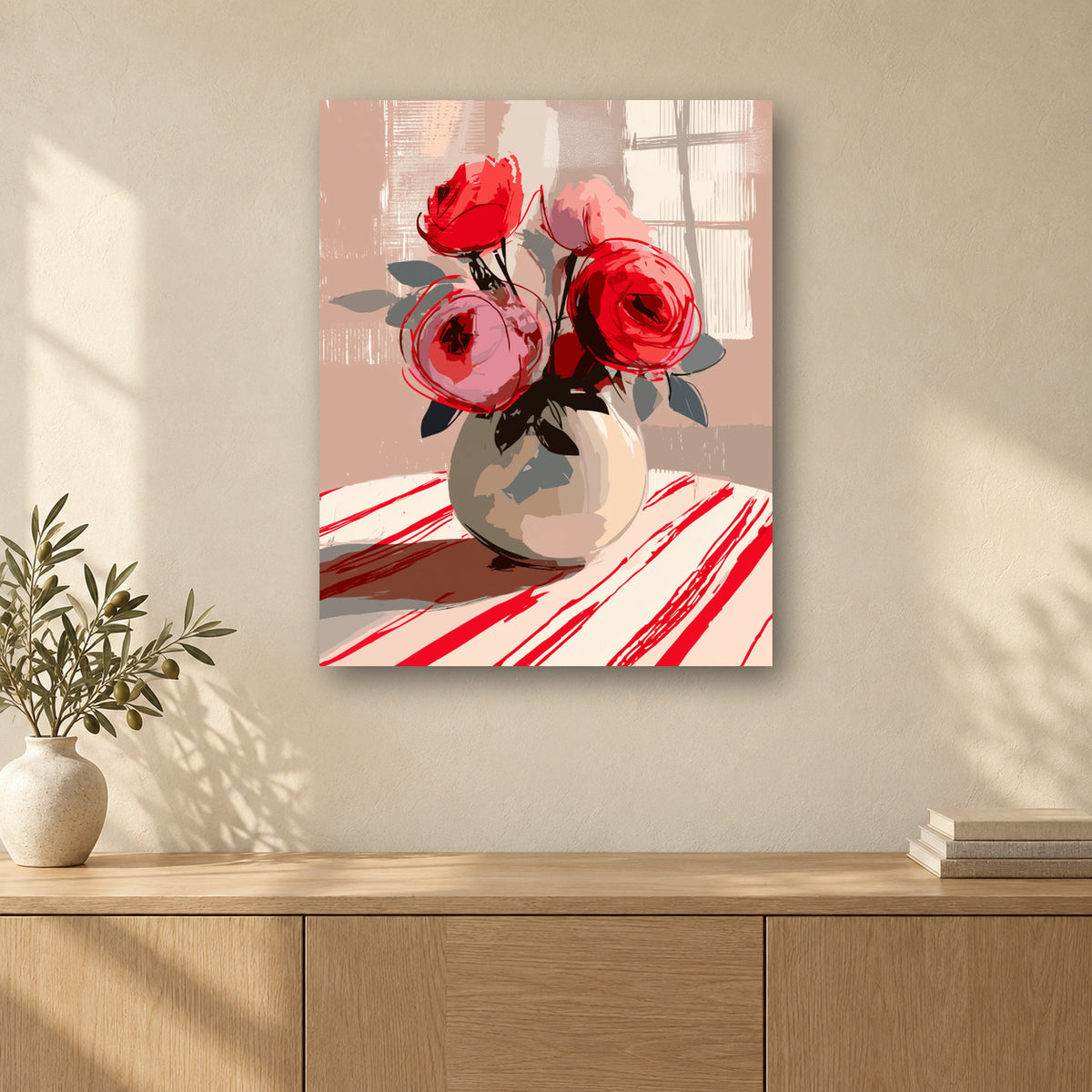 Tableau peinture par numéro Bouquet Rouge accroché dans un intérieur décoré, Maison Artsen