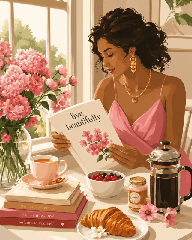 Peinture par numéro adulte Vivre en Beauté, visuel complet du design sur toile, Maison Artsen