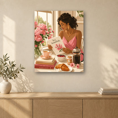 Tableau peinture par numéro Vivre en Beauté accroché dans un intérieur décoré, Maison Artsen