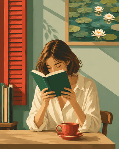 Peinture par numéro adulte Lecture au Café, visuel complet du design sur toile, Maison Artsen
