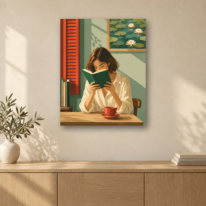 Tableau peinture par numéro Lecture au Café accroché dans un intérieur décoré, Maison Artsen