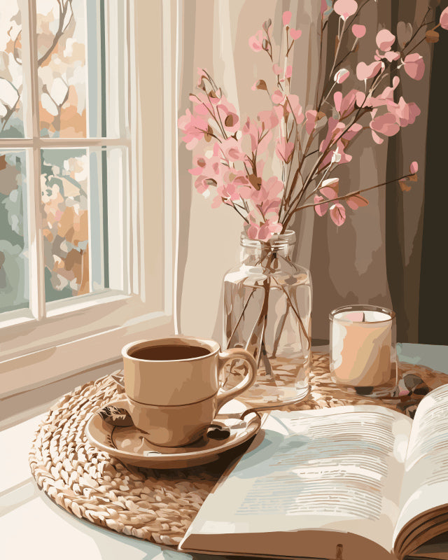 Peinture par numéro adulte Branches en Fleur et Café, visuel complet du design sur toile, Maison Artsen