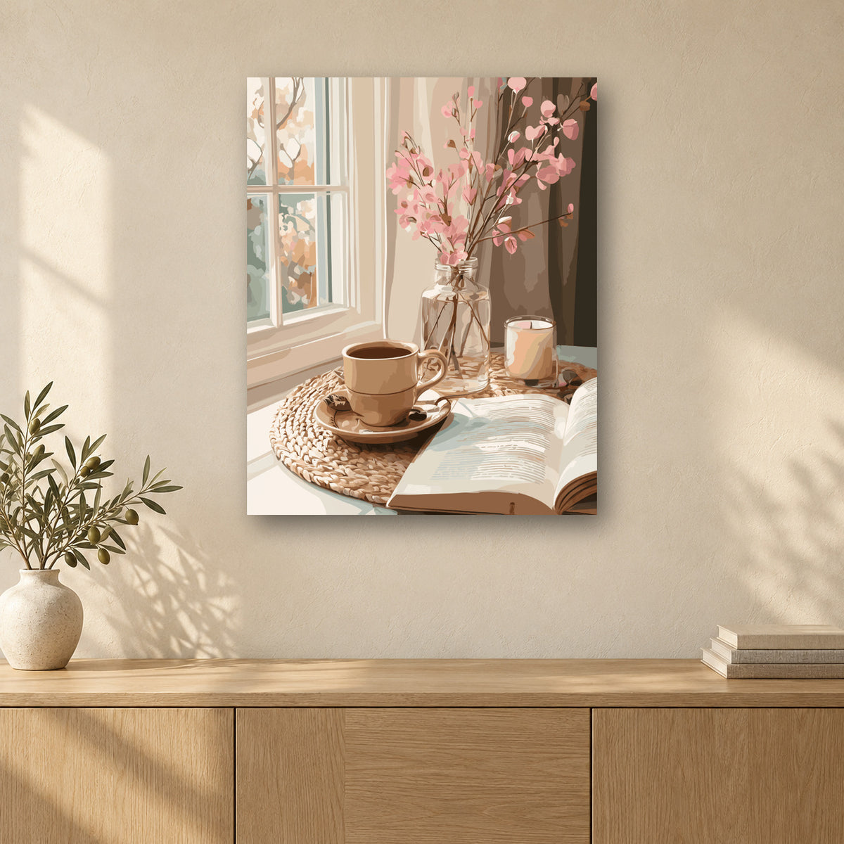 Tableau peinture par numéro Branches en Fleur et Café accroché dans un intérieur décoré, Maison Artsen