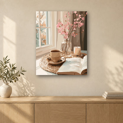 Tableau peinture par numéro Branches en Fleur et Café accroché dans un intérieur décoré, Maison Artsen