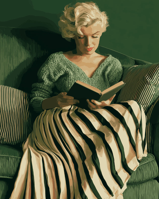 Peinture par numéro adulte Lecture en Fauteuil Vert, visuel complet du design sur toile, Maison Artsen