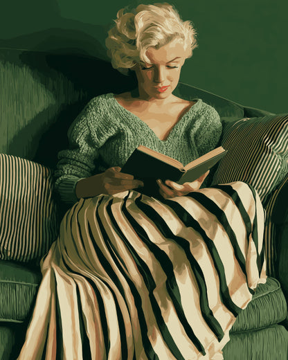Peinture par numéro adulte Lecture en Fauteuil Vert, visuel complet du design sur toile, Maison Artsen