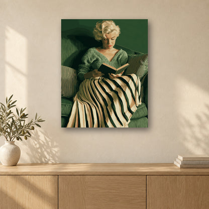 Tableau peinture par numéro Lecture en Fauteuil Vert accroché dans un intérieur décoré, Maison Artsen