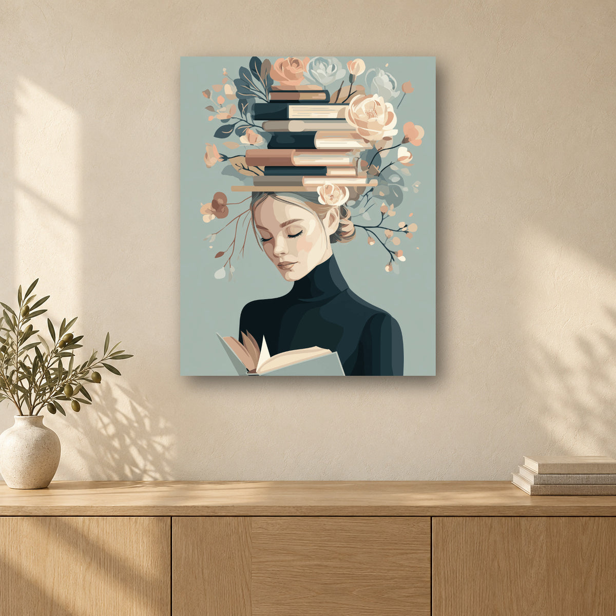 Tableau peinture par numéro Jardin de Livres accroché dans un intérieur décoré, Maison Artsen