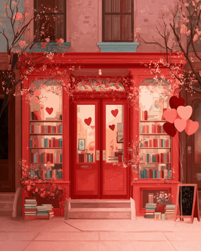 Peinture par numéro adulte La Librairie de l’Amour, visuel complet du design sur toile, Maison Artsen