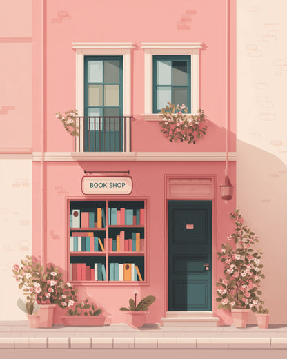 Peinture par numéro adulte La Librairie Rose, visuel complet du design sur toile, Maison Artsen